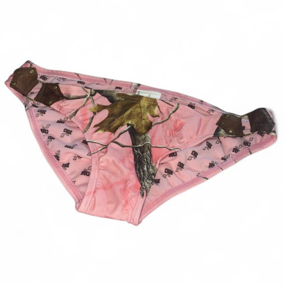 NEW RealTree Bikini Bottoms Pink Camouflage with Faux Leather Side Buckle Large